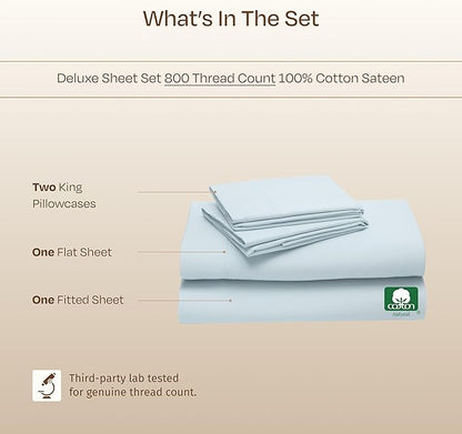 California Design Den King Sheet Set - Luxury Hotel 800 Thread Count Sateen, Natural 100% Cotton King Size Sheets Deep Pocket Set, Anti-Skid Elastic for a Snug Fit, Cool and Durable - Light Blue
