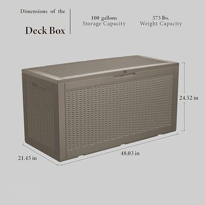 100 Gallon Lockable Resin Deck Box, Waterproof Outdoor Storage Box for Patio Furniture, Garden Tools, Pool Accessories, UV-Resistant Outside Delivery Grey