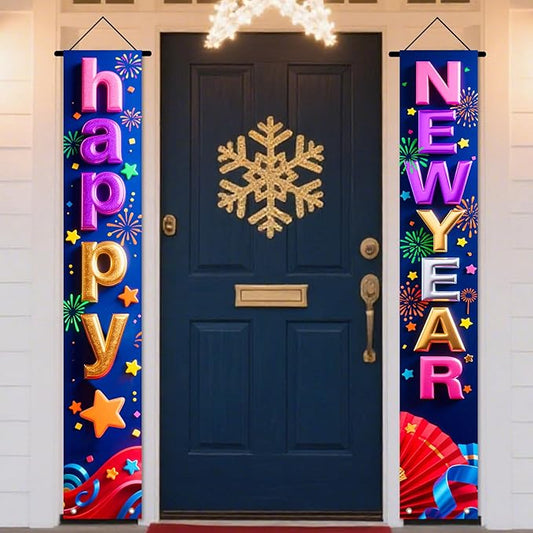 Nuxovilar Happy New Year Banner, 70.86" x 11.81" Colorful Letters Blue Purple Background Hanging Decorations for Outdoor Indoor Home Wall