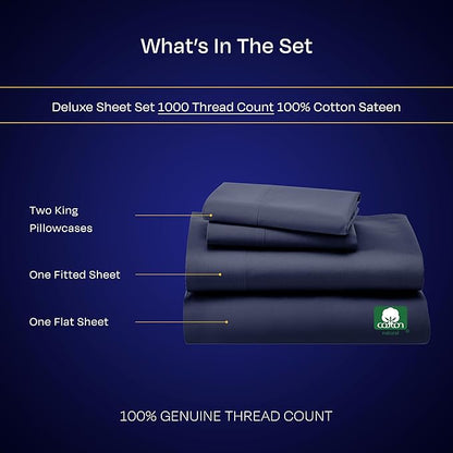 California Design Den King Sheets Deep Pocket Set - Luxury 1000 Thread Count Sateen, Thick and Natural 100% Cotton Bed Sheets, Soft, Breathable and Durable Bedding Set - Navy Blue
