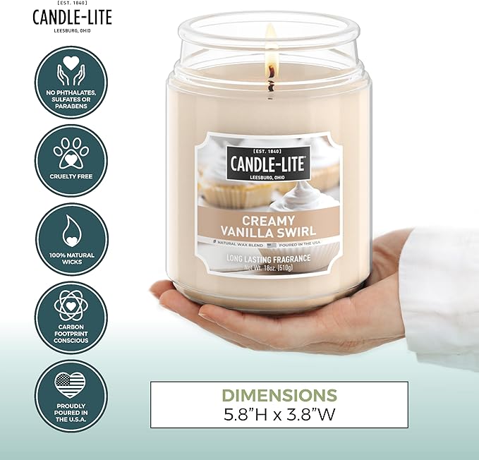 Candle-lite Fall Scented Candles, Creamy Vanilla Swirl, 18 oz Jar, Proudly Poured in The USA, Aromatherapy Candle, Single-Wick with 110 Hours of Burn Time, Perfect for Creating a Relaxing Ambiance