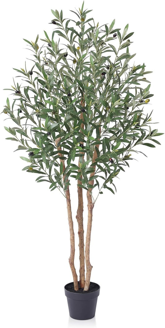 5FT Olive Tree Artificial Indoor Faux Plant - Tall Fake Silk Tree, Natural Trunk, Easy Maintenance Fake Tree Home Decor - Large Indoor Plant for Living Room, Office, Modern Home,VN356