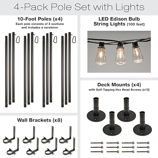 EXCELLO GLOBAL PRODUCTS Premium String Light Pole 4 Pack with 100' of LED Edison Bulb String Lights (Deck Mount)