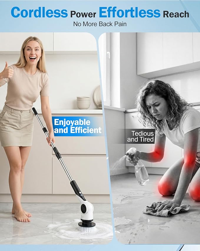 Electric Spin Scrubber, 3-Speed Cordless Shower Scrubber with 90° Adjustable & 10 Replaceable Brush Heads, 90 Mins Runtime & Full-Body IPX7 Waterproof Shower Cleaner Brush with Long Handle