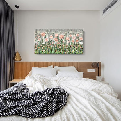 amatop Extra Large Floral Wall Picture for Living Room Modern Botanical Canvas Prints Flower Field Wall Decor Abstract Nature Art Wildflower Garden Pink Green Stretched Artwork Bedroom Office 58x29 in
