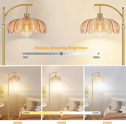 Gold Arc Floor Lamp for Living Room Bedroom,Adjustable Unique Modern Floor Lamps with Remote,Vintage Glass Standing Lamp with Dimmable Bulb,Bright Flower Brass Tall Lamp for Corner Office