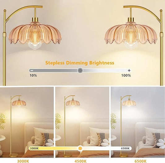 Gold Arc Floor Lamp for Living Room Bedroom,Adjustable Unique Modern Floor Lamps with Remote,Vintage Glass Standing Lamp with Dimmable Bulb,Bright Flower Brass Tall Lamp for Corner Office