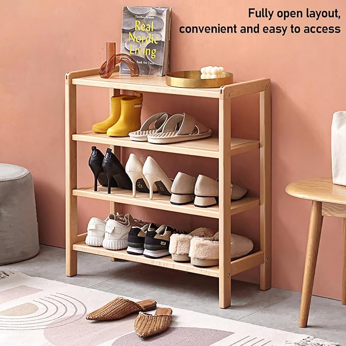 4 Tier Solid Wood Shoe Rack, Free Standing Shoe Rack for Entryway, Hallway, Closet, Living Room, Beech Wood, 11.02" x 25.6" x 27.56", Natural