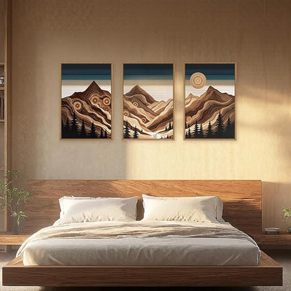 Large Abstract Mountain Woodcut Framed Canvas Wall Art,Modern Tree Ring Wall Decor,Sunrise Ridge Scenery Wall Painting,Retro Desert Artwork for Living Room,Bedroom,Dining Room,Office -16"x24"x3