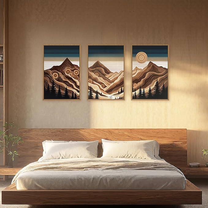 Large Abstract Mountain Woodcut Framed Canvas Wall Art,Modern Tree Ring Wall Decor,Sunrise Ridge Scenery Wall Painting,Retro Desert Artwork for Living Room,Bedroom,Dining Room,Office -24"x36"x3
