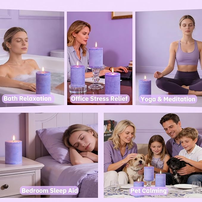 4 Pcs Purple Lavender Scented Pillar Candles, 60 H Long Burning, Natural Essential Oils,2.8x4in Non-Toxic & Smokeless,Calming Aromatherapy for Bedroom Sleep Aid/Bath SPA/Office Stress Relief