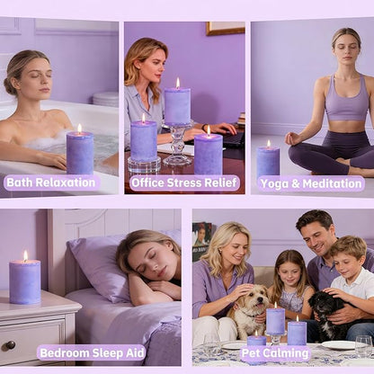 4 Pcs Purple Lavender Scented Pillar Candles, 60 H Long Burning, Natural Essential Oils,2.8x4in Non-Toxic & Smokeless,Calming Aromatherapy for Bedroom Sleep Aid/Bath SPA/Office Stress Relief