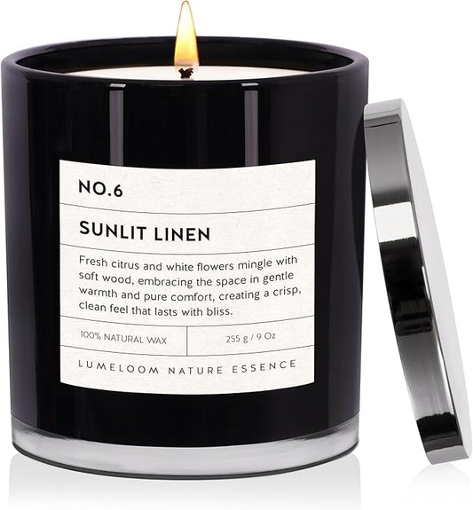 Sunlit Linen Luxury Scented Candles, 9oz Soy Wax Candles for Home Scented, Linen, Jasmine, White Lemon, Wood Scent, Long Burning Time, Gifts for Women, Friends, Men, Sister, Housewarming