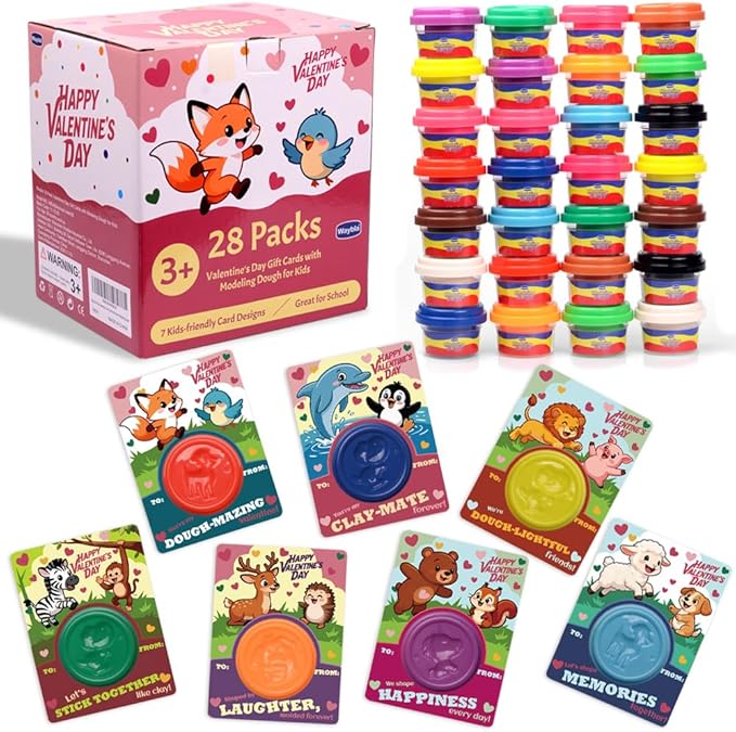 28 Pack Valentine’s Day Cards for Kids with Modeling Dough – Fun Animal-Themed Classroom Gifts for Toddlers & Preschoolers – Perfect for School Exchanges & Parties