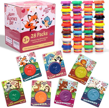 28 Pack Valentine’s Day Cards for Kids with Modeling Dough – Fun Animal-Themed Classroom Gifts for Toddlers & Preschoolers – Perfect for School Exchanges & Parties