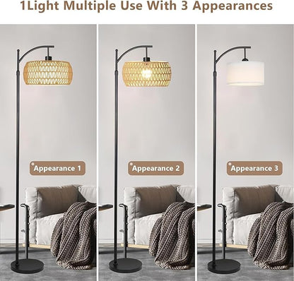 Arc Rattan Floor Lamp for Living Room with 3 Color Temperatures,Farmhouse Floor Lamps with Remote & Dimmable Bulb,Boho Standing Lamp with Wicker Shades,Adjustable Tall Lamp for Bedroom Office Reading