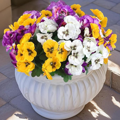 Hananona 24 Pcs Artificial Outdoor Flowers, Faux Silk Pansy Plants for Outside UV Resistant Spring Pansies Flower for Home Planter Porch Patio Yard Decor (24, Yellow, White, Purple)