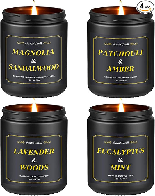 Scented Candles for Men, 4 Pack Mens Candles for Home Scented, 28oz Soy Wax Candles Set - Lavender/Patchouli/Sandalwood/Eucalyptus, Aromatherapy Candles Gift Idea for Dad, Husband, Boyfriend