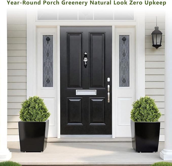 THE BLOOM TIMES 2ft Faux Boxwood Plants Outdoor Set of 2, 24" Tall UV-Resistant Artificial Evergreen Topiary Ball, Fake Potted Greenery Bushes & Shrubs for Front Porch Planter, Patio Outside Decor