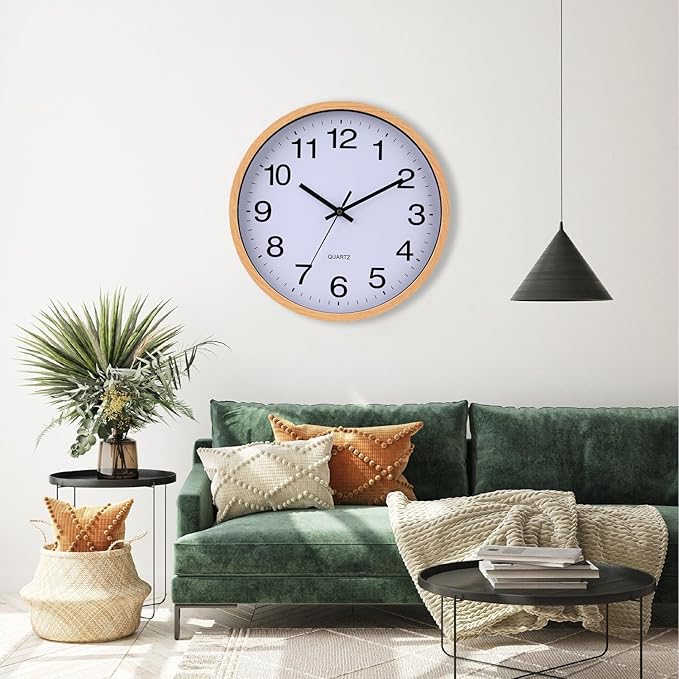 Wall Clock 12 Inch Wooden Frame Glass Cover Non-Ticking Number Quartz Modern Quartz Design Decorative Bedroom Kitchen Office Classroom Light Brown