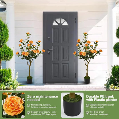 47" Artificial Camellia Tree,2 Pack Fake Flower Plants Artificial Tree with Greenery Leave, Faux Plants with Orange Flowers for Summer Modern Office Outdoor Outside Decor Front Door