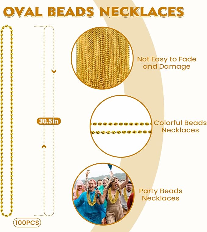 100 PCS Gold Bead Necklace, Gold Mardi Gras Christmas Oval Beads Necklaces 30.5" Metallic Beaded Costume Necklaces Party Necklaces for Mardi Gras Christmas Parade Throws Pirate Party Favors