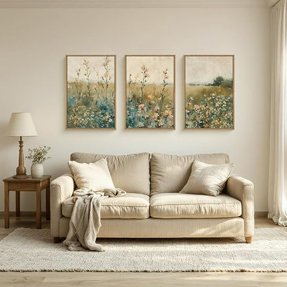 HLNIUC Vintage Watercolor Wildflower Landscape 3 Piece Wall Art Framed, Large Retro Floral Wall Decor(24x36), Nature Wilderness Farmhouse Rustic Field Canvas Painting for Living Room, Bedroom, Office