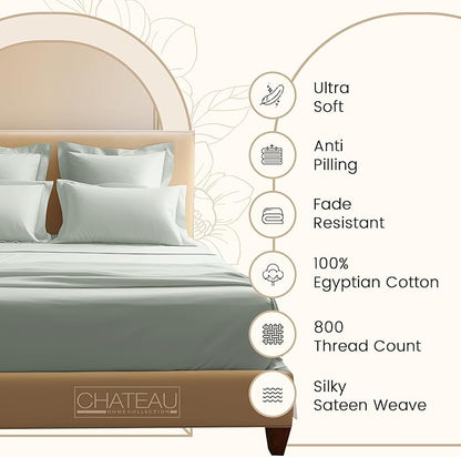 Deep Pocket Queen Sheets Set, Egyptian Cotton Sheets Queen Size Bed Set with Elasticated Fitted Sheet & Pillowcase Sets, Soft & Comfy 800 TC Sateen, No Pill & Shrink Luxury Bedding, Sage Green Sheet