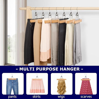 Amber Home 10 Pack Natural Wooden Pants Hangers, Wood Clamp Hangers with Non Slip Padded Velvet, Jeans/Slacks Hangers Hair Extension Hangers for Skirts, Trousers, Wigs (Natural, 10)