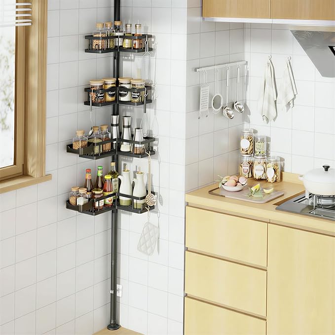 YASONIC Corner Shower Caddy Tension Pole, 25.7-109.1in Adjustable Shower Shelves, Rust-Resistant Shower Organizer, No-Drill 3-Step Installation, Bathroom Shelves for Renters & Family, Black