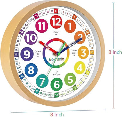 Wall Clock for Kids Learning to Tell Time Analog Non Ticking Battery Operated Kids Small Teaching Clock Silent Colorful Teaching Time Clock for Kids Room Classroom School（8 Inch）