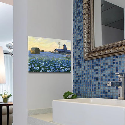 ARTZON Farmhouse Floral Wall Art – Rustic Bathroom Decor Artwork Horizontal Landscape Canvas Print, Barn Windmill with Blue Flower Daisies Field, Country Sunset Nature Scene Picture, Small 16x12 Inch