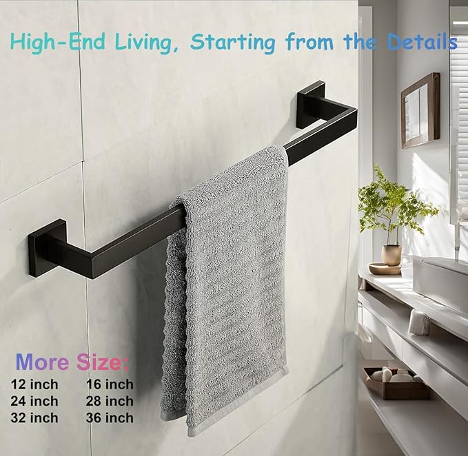 24 Inch Towel Bar 2 Pack for Bathroom 12/16/24/28/32/36 Inch Kitchen Towel Holder Matte Black Towel Rod Wall Mounted SUS304 Rustproof Towel Rack Modern Square Design (2, Matte Black, 24 Inch)