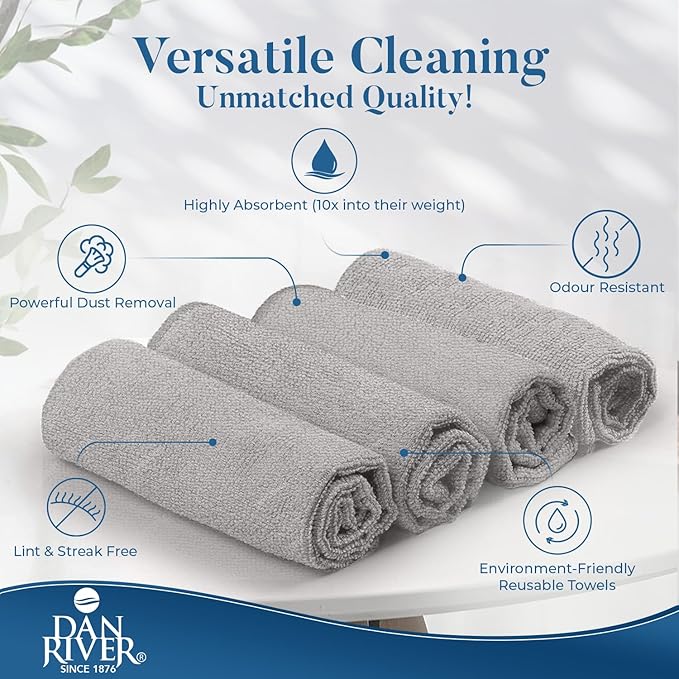 DAN RIVER 12-Pack Gray Microfiber Towels – Ultra Absorbent, Lint-Free & Streak-Free Rags for Home, Car & Kitchen - Must-Have Cleaning Essentials - 12" x 12"