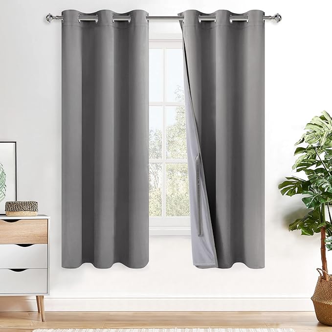 XWZO 100% Blackout Curtain Panels with Tiebacks- Thermal Insulated Black Liner Short Curtains, Noise Reducing and Heat Blocking Drapes for Hall and Studio Windows, Grey, W38 x L72, Set of 2