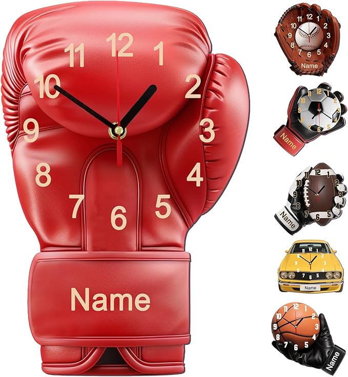 Personalized Clocks with Name Custom Boxing Glove Wall Clock for Home Decoration Fathers Day Dad Gifts Birthday Christmas Creative Clock Customized Gift for Men Women Bedroom Living Room Decor