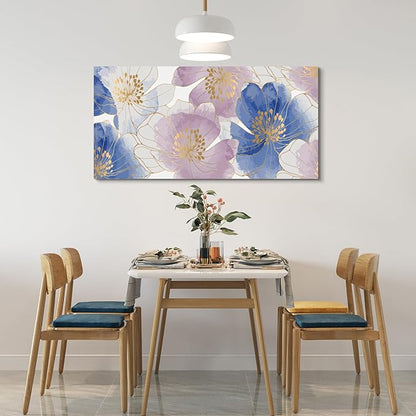 CanvasGarden Floral Canvas Wall Art, Blue and Purple Floral with Gold Lines Watercolor Poster Glam Botanical Soft Flower Home Decor, Framed Prints for Living Room Bedroom Office Decor, 40x20Inch