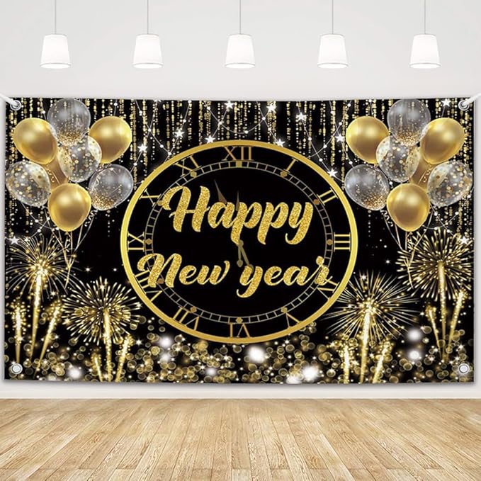MEHOFOND Happy New Year Backdrop 2026, Black and Gold Fireworks New Years Eve Photography Background for NYE Decorations 2026 New Years Eve Party Supplies NYE Party Favor 6x3.6ft