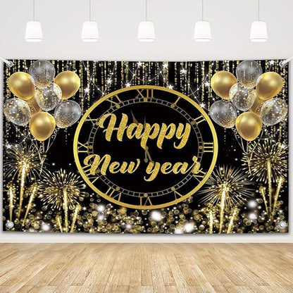 MEHOFOND Happy New Year Backdrop 2026, Black and Gold Fireworks New Years Eve Photography Background for NYE Decorations 2026 New Years Eve Party Supplies NYE Party Favor 6x3.6ft