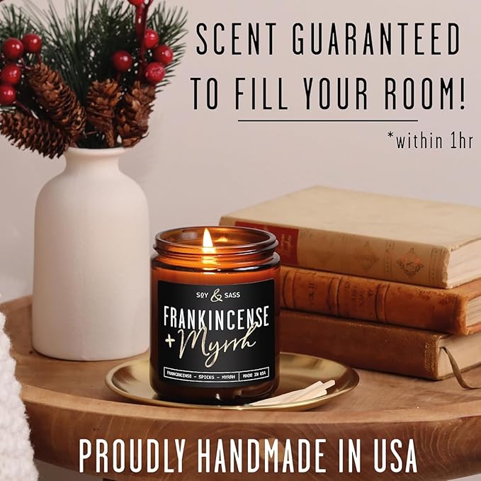 Frankincense and Myrrh Candle, Christmas Candles Scented - w/Spices, Frankincense & Myrrh - Infused with Essential Oils I Frankincense Candle I 9oz, 50Hr, Made in USA