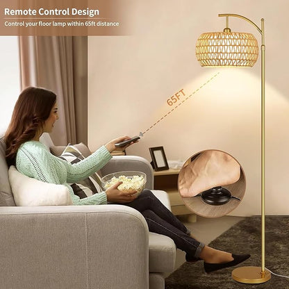 Gold Floor Lamp for Living Room with 3 Color Temperatures,Arc Boho Floor Lamps with Remote Control, Rattan Standing Lamp with Wicker Lamp Shades Dimmable Tall Floor Lamp For Bedroom Living Room Corner