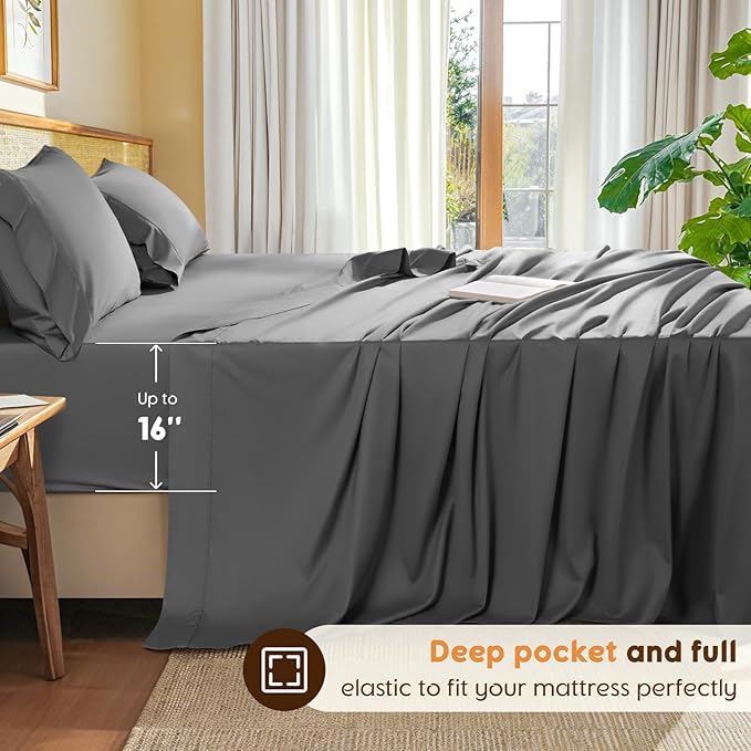 LBRO2M 100% Cotton Sheets Set King Size 600 Thread Count Sheet 4 Piece Sets Bed Sheet Deep Pocket Up to 16" Soft Comfortable All Season (King, Dark Gray)