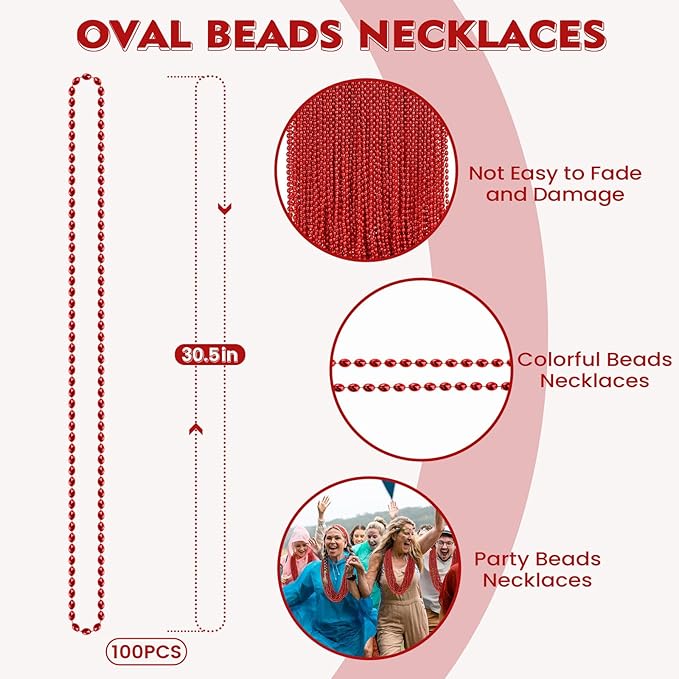 100 PCS Red Mardi Gras Beads, Red Oval Beads Necklaces Christmas Necklaces 30.5" Metallic Beaded Costume Necklaces Party Necklaces for Valentines Christmas Parade Throws Wedding Birthday Party Favors
