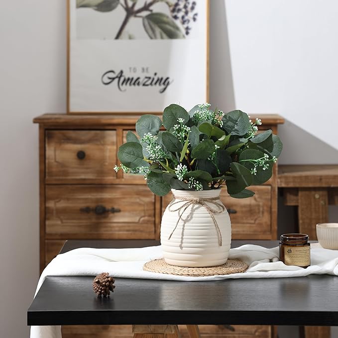 Artificial Eucalyptus in Vase, Fake plants for home decor, Ceramic White Vase with Greenery, Faux Decorative Plants, 20pcs Indoor Fake Eucalyptus Stems for Centerpiece Farmhouse Mantle Decor