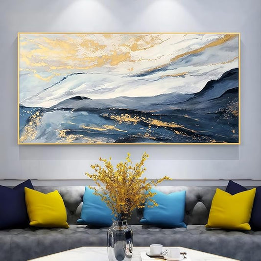 Large Blue and Gold Abstract Canvas Wall Art for Living Room, Framed Mountain Blue Oil Painting for Bedroom,Modern Landscape Office Wall Decor Ready to Hang 28x56 Inches