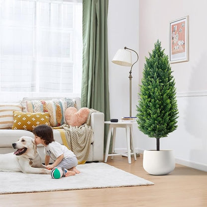 4FT Tall Artificial Cypress Plant Set of 2, Realistic Topiary Fake Plant with Spike, Artificial Cypress Topiary for Indoor &Outdoor, Home, Offices, Porch Decor
