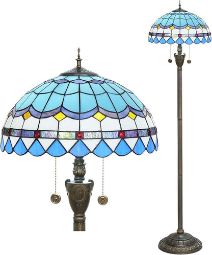 Tiffany Floor Lamp Blue Mediterranean Style Stained Glass Floor Light Bright Lighting Rustic Standing Lamp Vintage Unique Bronze Reading Corner Lamp for Home Decor Living Room Bedroom 16X16X64 Inches