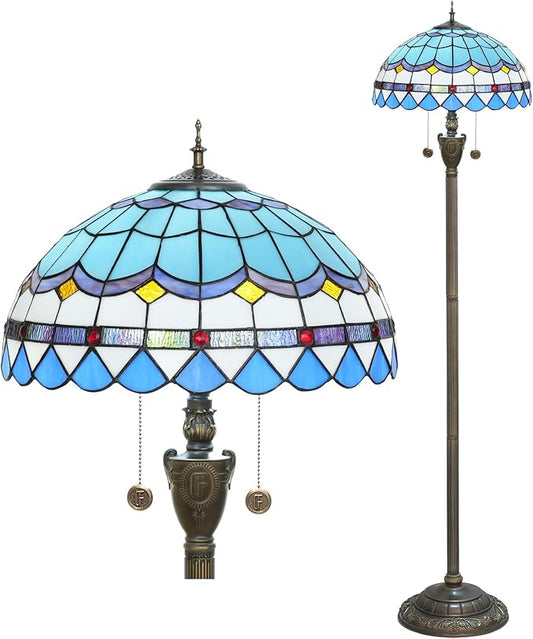 Tiffany Floor Lamp Blue Mediterranean Style Stained Glass Floor Light Bright Lighting Rustic Standing Lamp Vintage Unique Bronze Reading Corner Lamp for Home Decor Living Room Bedroom 16X16X64 Inches