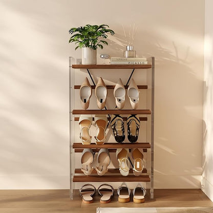 Free Standing Shoe Rack & Closet Shoe Shelf, for Entryway Small Space, Front Door, Garage, 4-Tier Slanted, Solid Wood & Acrylic Frame with Top Shelf Storage