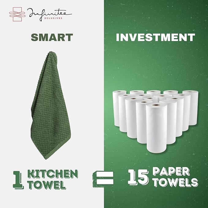 Infinitee Xclusives Premium Kitchen Towels – Pack of 3, 100% Cotton 15 x 25 Inches Absorbent Dish Towels - Terry Kitchen Dishcloth Towels - Green Dish Cloth for Household Cleaning